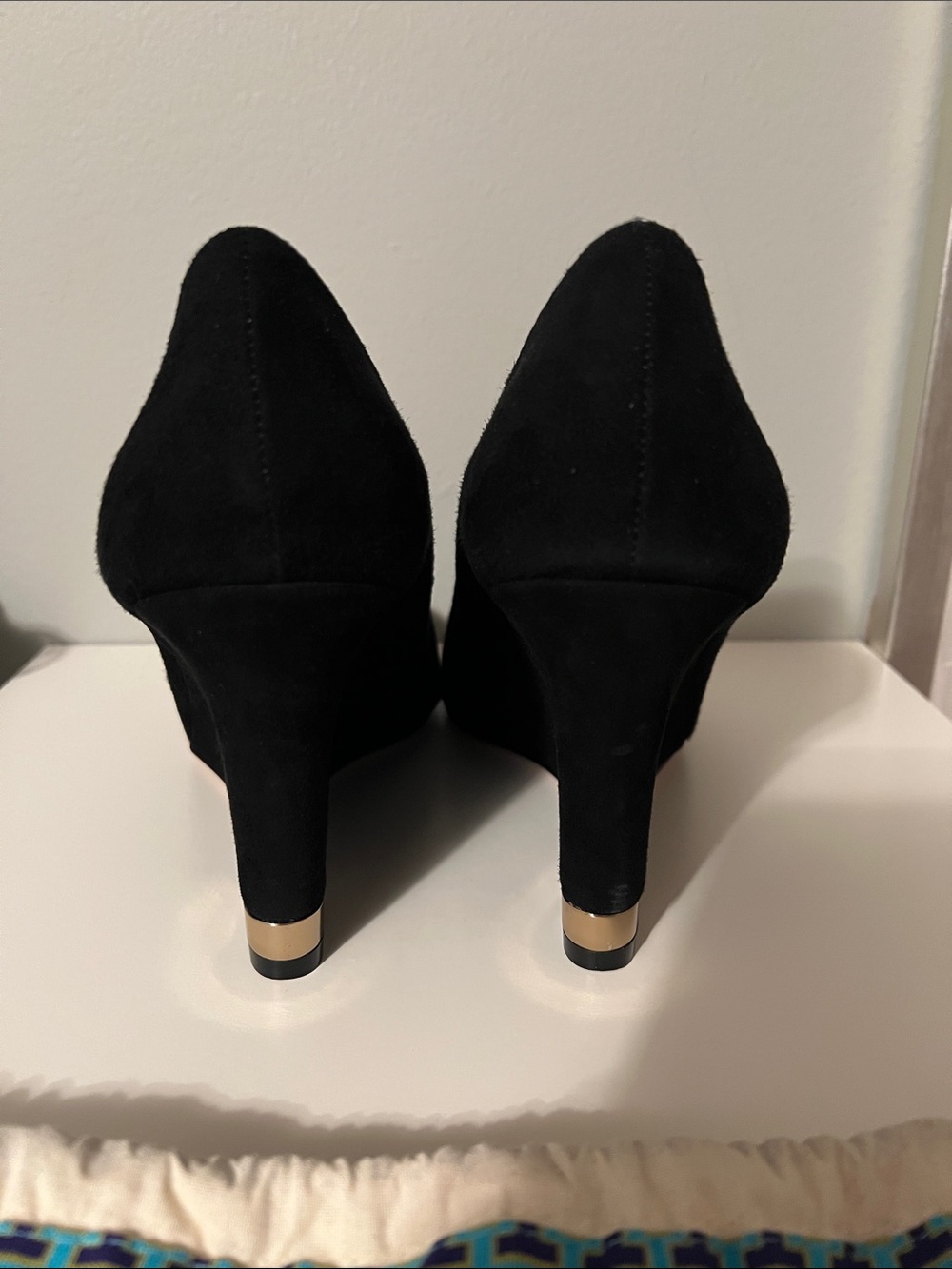 Tory Burch Black Suede Wedge Heels with Gold Accent (Size 10) - Picture 5 of 9